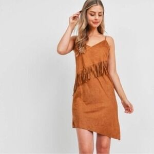 On‎ Twelfth Brown Faux Suede Fringe Mini Dress Sleeveless Western Boho Large